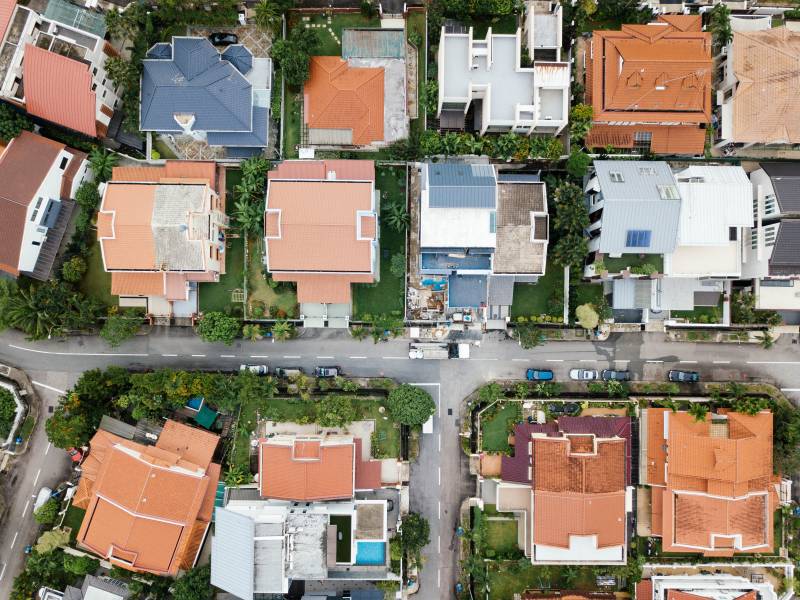 An aerial view of a residential area with lots of houses