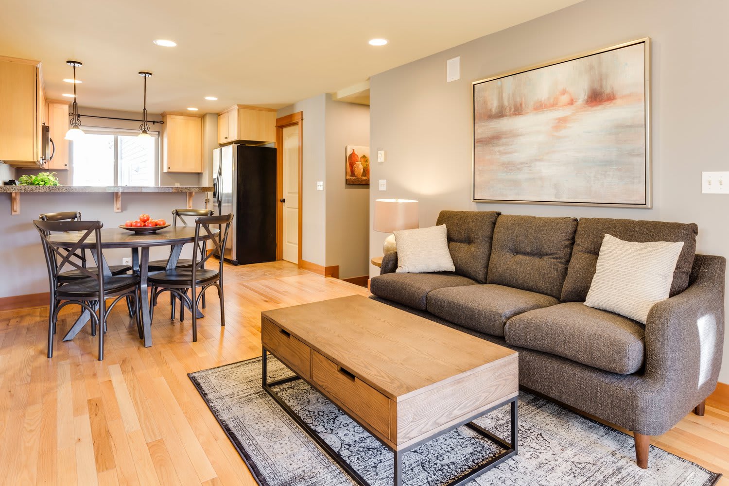 A living room with a couch and a coffee table