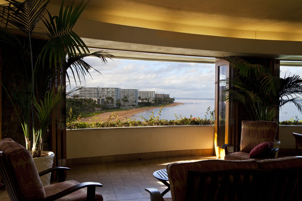 View at Kaanapali Beach from the living room of a spacious condo in Maui