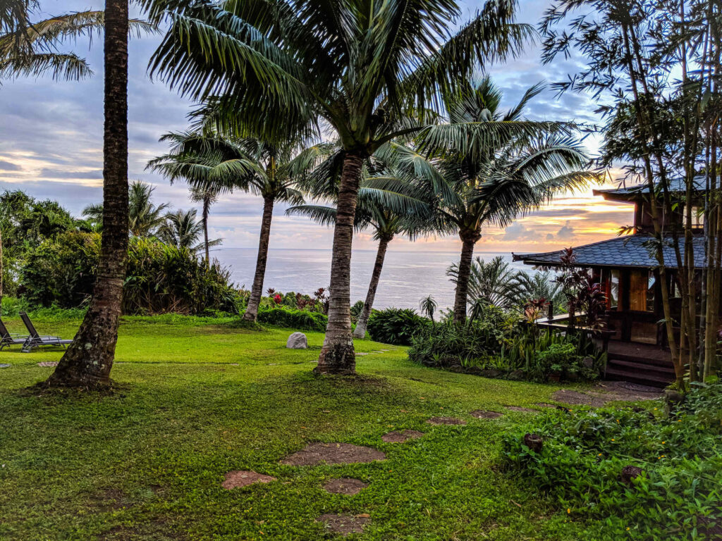 House surrounded by coconut Trees and backside with the Pacific Ocean on Maui, Kauai Hawaii