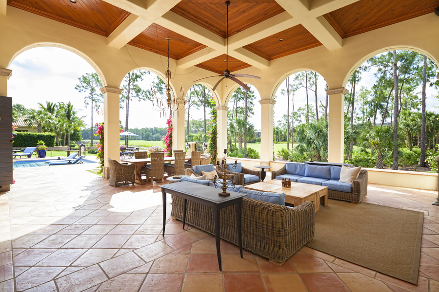 Beautiful patio overlooking a golf course and pool